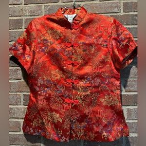Richness FashionRed Satin Feeling Brocade Chinese Blouse Size Large